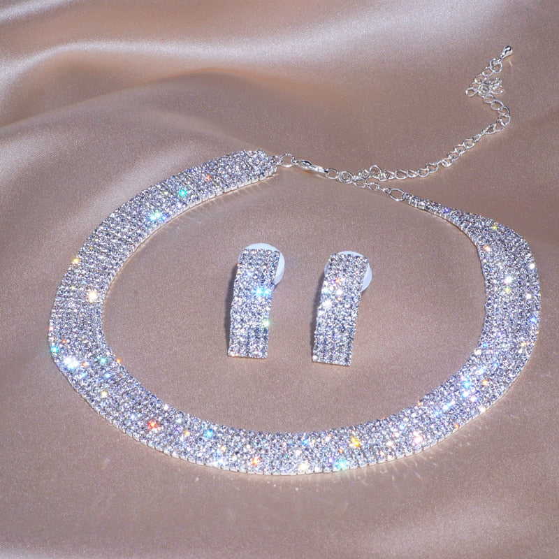 Crystal Choker Necklace Jewelry Set Wedding Day Accessories,  This exquisite set includes a necklace and earrings featuring shimmering crystals