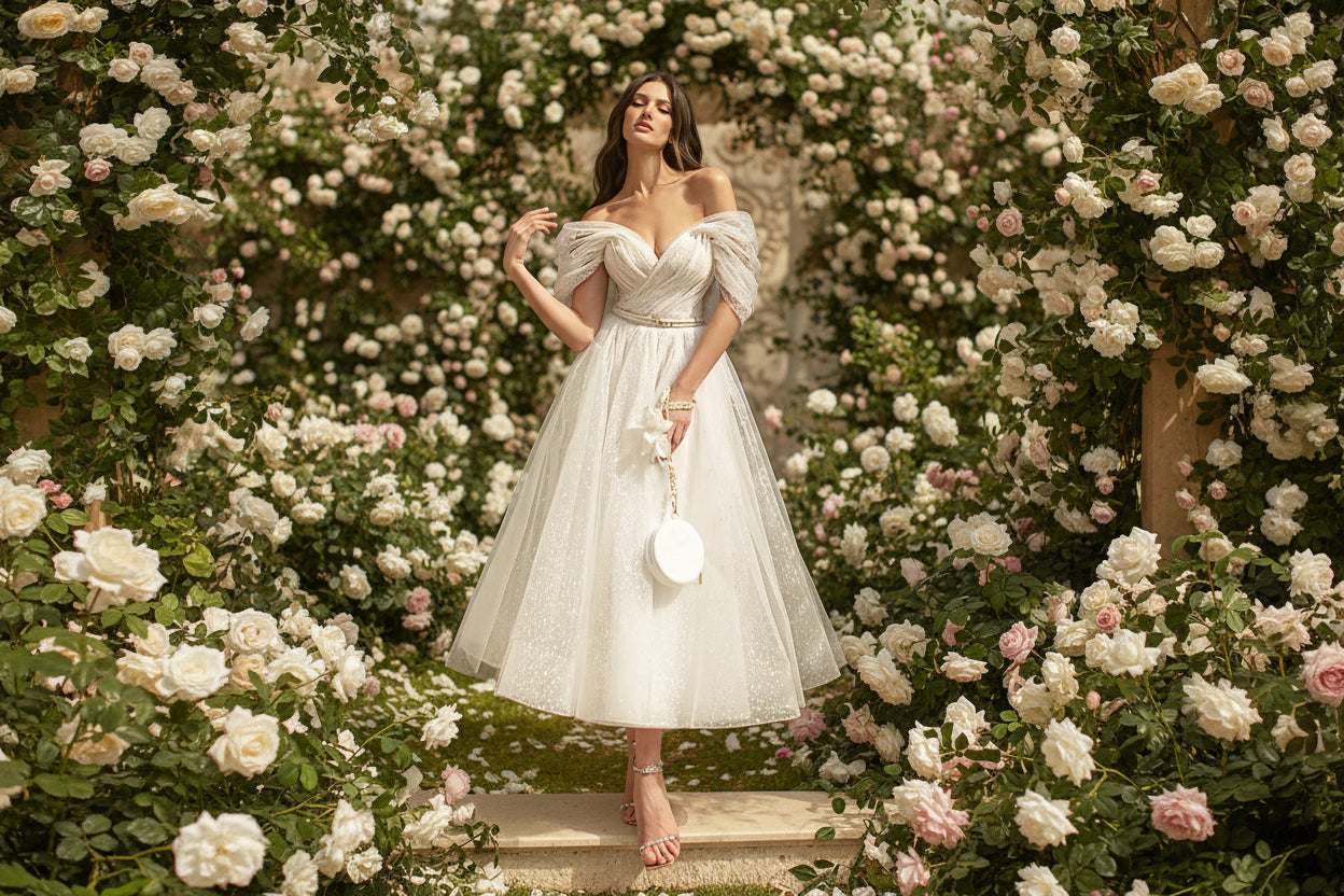 Tea Length Wedding Dress Bling Glitter Tulle Boho Dress Ivory / 16W