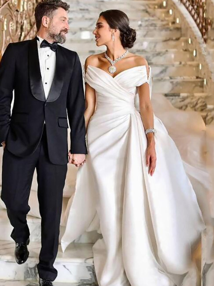 Satin Trumpet Wedding Dress Off The Shoulder Bridal Gown, walk down the aisle in pure elegance with this stunning satin mermaid trumpet gown that's equal parts sophisticated and show-stopping