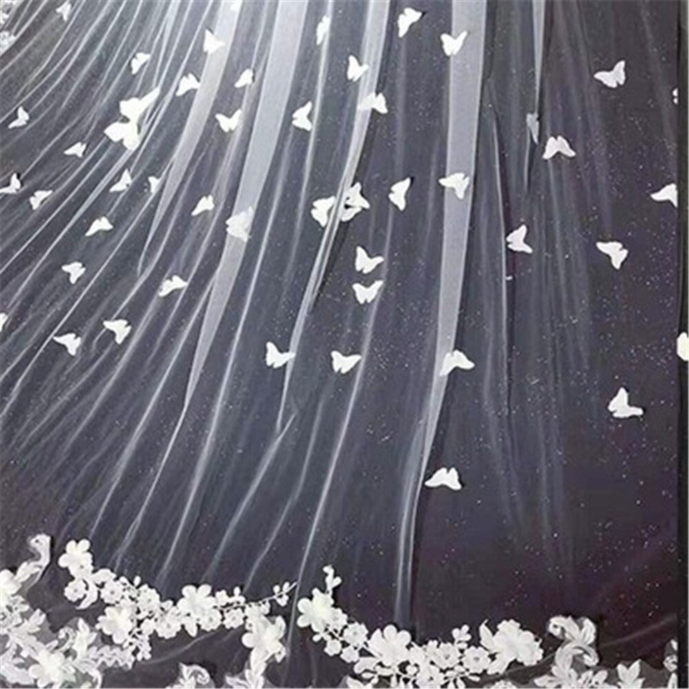 Wedding Veil Cathedral Length 3D Butterfly Lace Bridal Accessory, Experience the opulent beauty of our Lace Edge 3D Butterfly Floral F