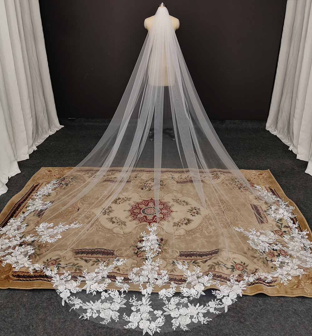 Cathedral Veil Sequined Lace Royal Bridal Wedding Accessory, This 3.5M long veil boasts a special cut royal design, adorned with intricate lace