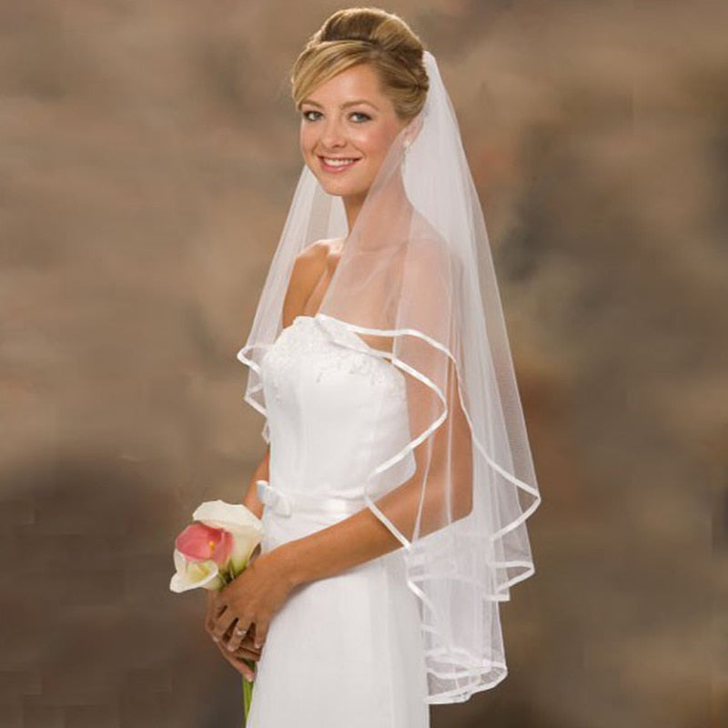 Wedding Veil 2 Layer Elbow Length Bridal Accessory, this veil is perfect for your garden party wedding, complete with a refined hemmed ribbon edge a