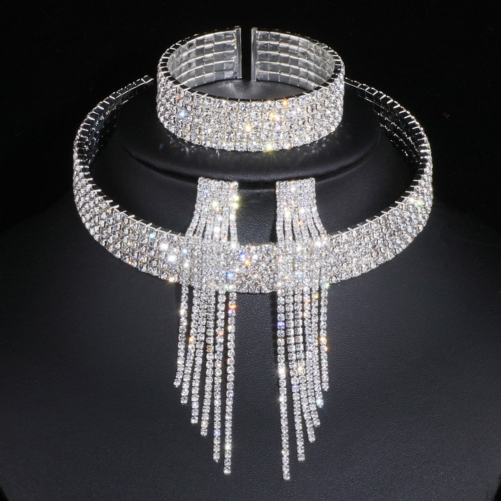 Rhinestone Crystal Choker Jewelry Set Necklace Earrings Bracelet, This exquisite jewelry set makes an eye-catching statement with its crystal rhinestone necklace, earrings, and bracelet. 