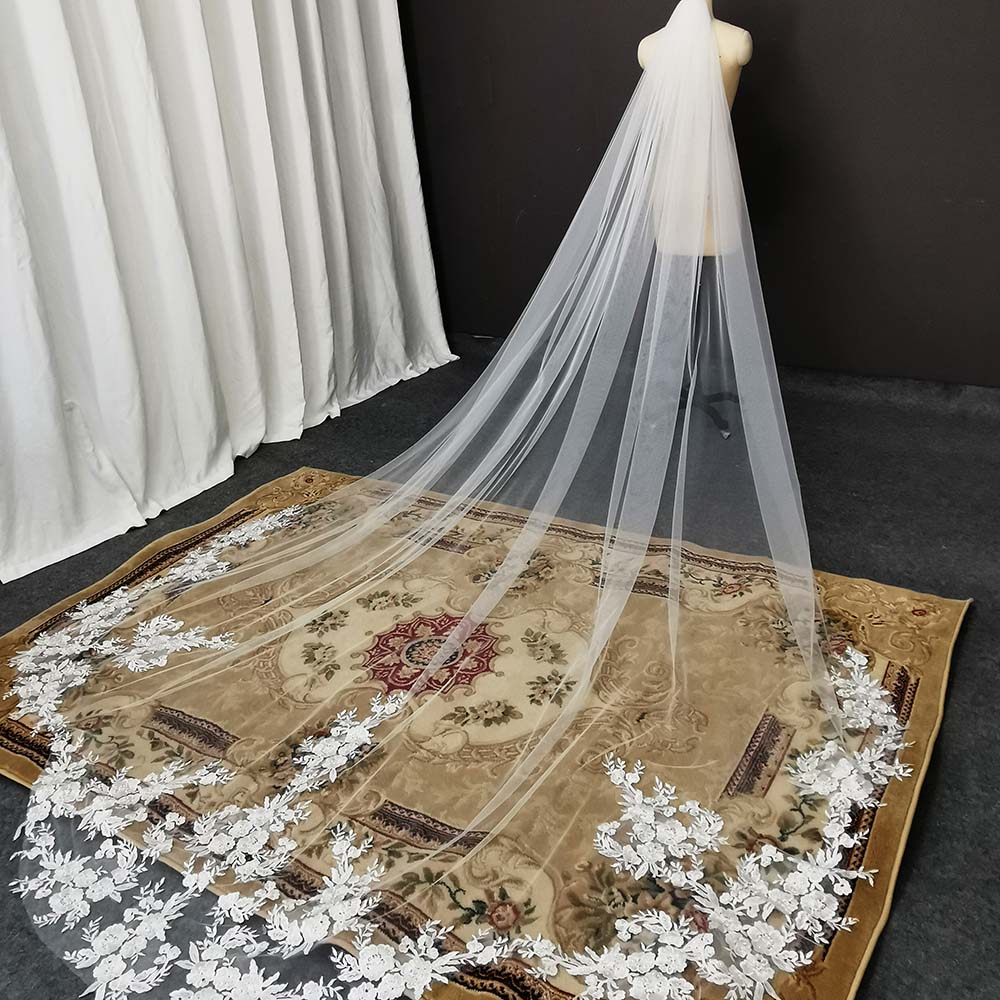 Cathedral Veil Sequined Lace Royal Bridal Wedding Accessory, This 3.5M long veil boasts a special cut royal design, adorned with intricate lace