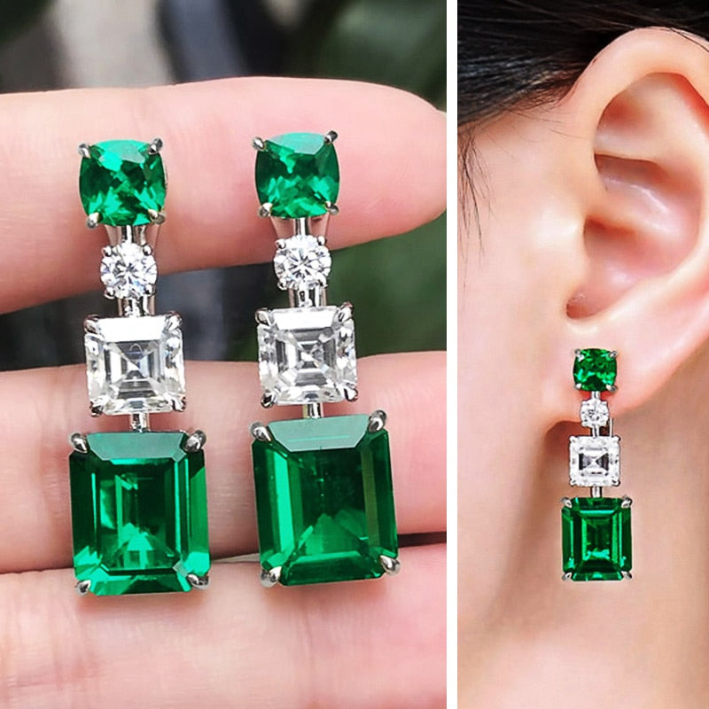 Emerald Green Stud Earrings Wedding Bridal Party Jewelry Accessory, Long dangle emerald green cubic zirconia ladies earrings 