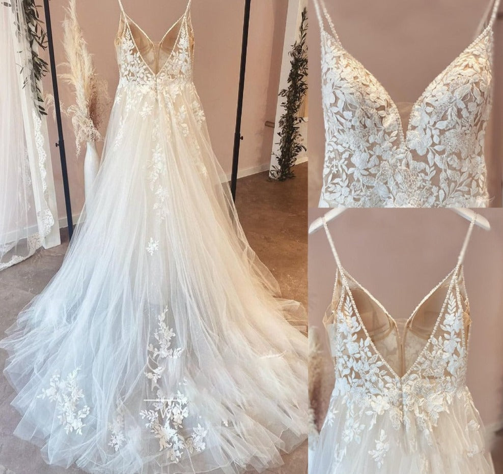 Boho Wedding Dress Spaghetti Strap Lace Tulle Bridal Gown, Indulge in the perfect country boho chic look with this stunning wedding dress featuring a deep V lace f