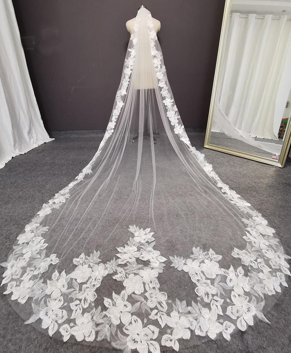 Cathedral Veil 1 Layer Bridal Wedding Accessory, Make an unforgettable entrance with this stunning cathedral lace wedding veil, spanning almost 10 feet in length