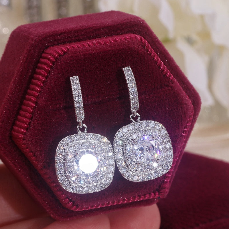 Cubic Zirconia Wedding Earrings Crystal Bridal Jewelry Accessory, luxurious micro pave cubic zirconia crystal earrings featuring a fine cut center crystal with micro pave inlaid 