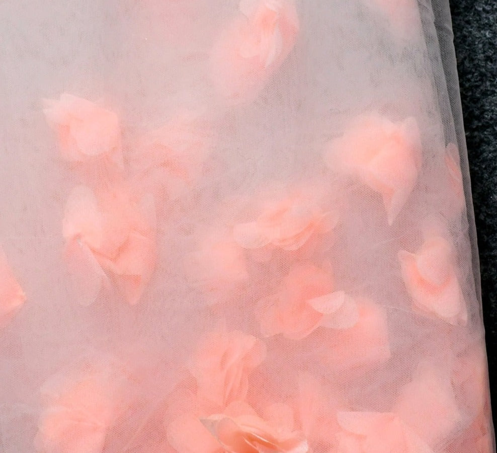 Wedding Veil Cathedral Length 3D Pink Flower Bridal Accessory, This cathedral bridal veil features delicate pink flowers on a cascading train