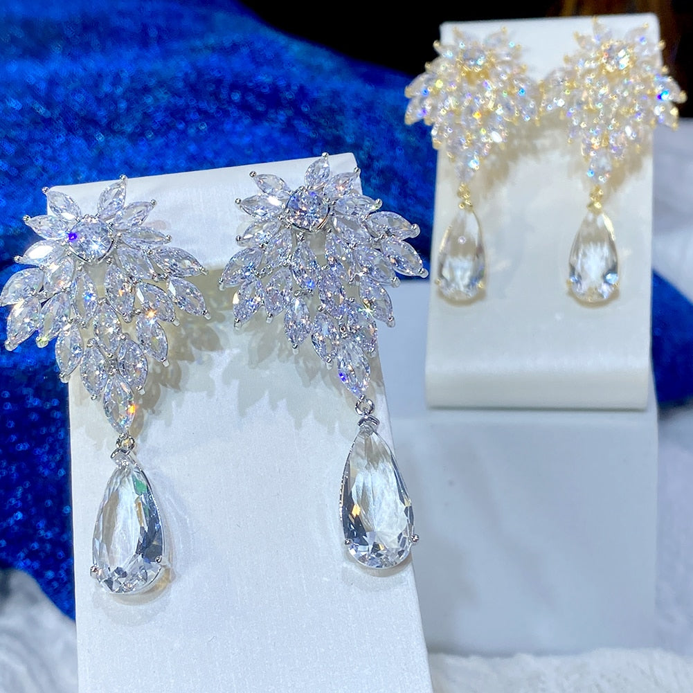 Cubic Zirconia Wedding Earrings Dangle Drop Bridal Jewelry Accessory, Luxurious cubic zirconia dangle drop earrings on silver or gold base with water drop patter