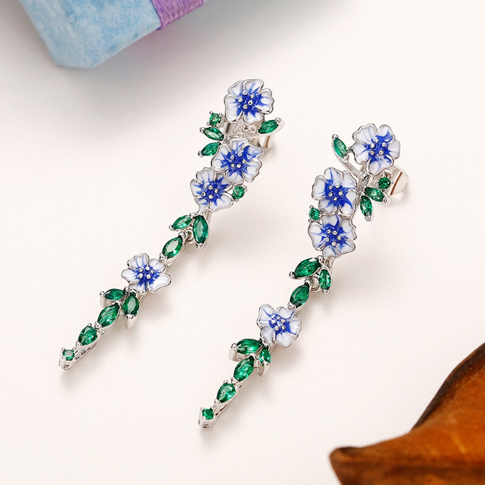 Enamel Flower Earrings Cubic Zirconia Accents Jewelry Accessory, Petite trumpet flower earrings featuring an enamel flower with cubic zirconia accents
