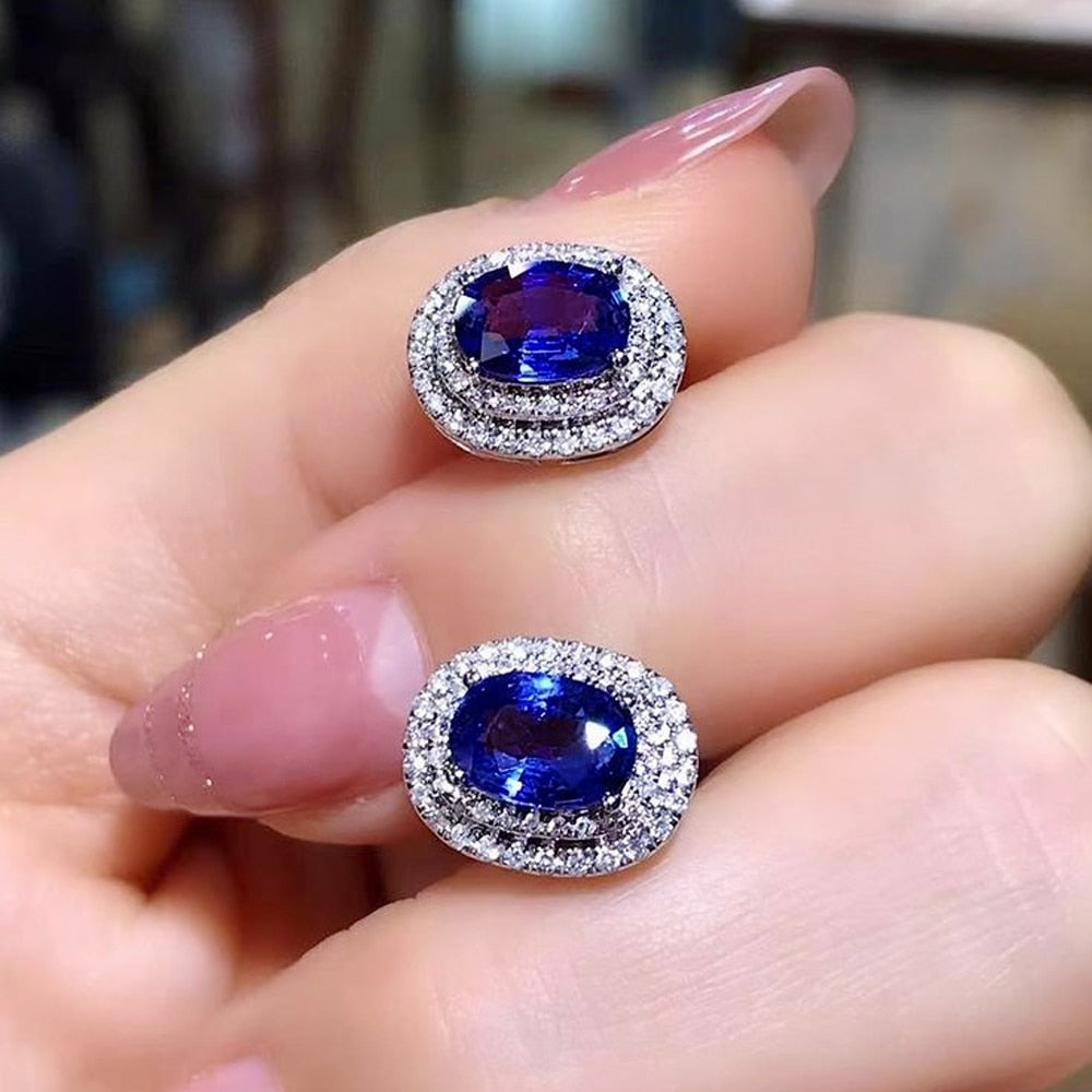 Cubic Zirconia Blue Earrings Wedding Bridal Jewelry Accessories, Vintage style deep blue cubic zirconia earrings for ladies featuring a large center oval stone