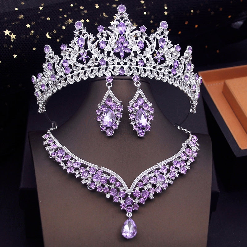 Crystal Tiara Crown Jewelry Set Choker Matching Earrings Accessory, Experience luxurious royalty with our Fashion Colors Jewelry Sets! 