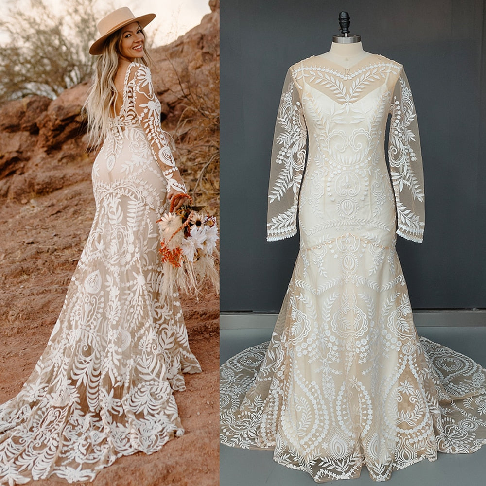 Boho Wedding Dress Beach Destination Mermaid Bridal Gown, Indulge in the luxury of this country chic boho mermaid bridal gown, with customizable lining 