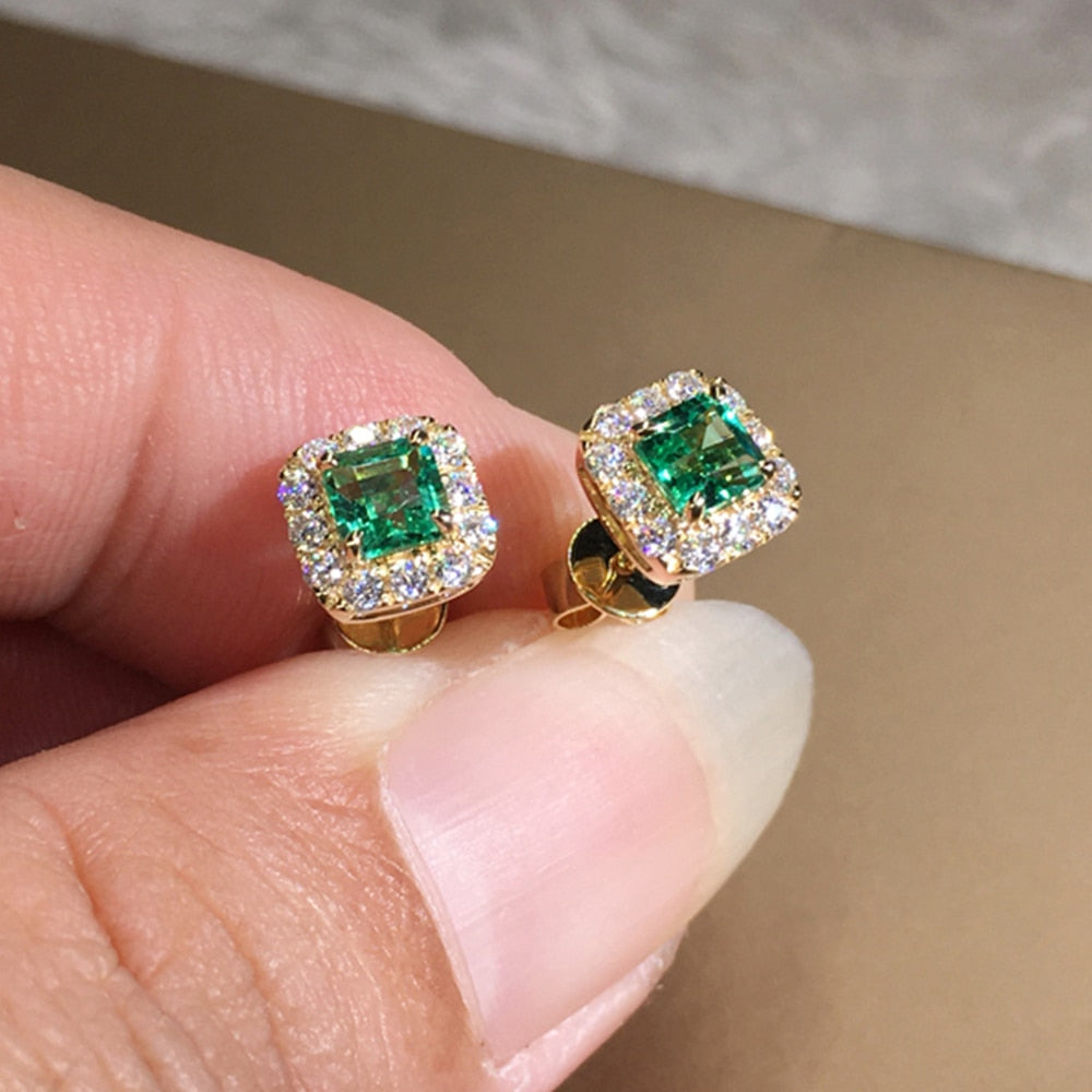 Green Cubic Zirconia Stud Earrings Wedding Bridal Jewelry Accessory, This classic style of geometric green cubic zirconia and gold stud earrings