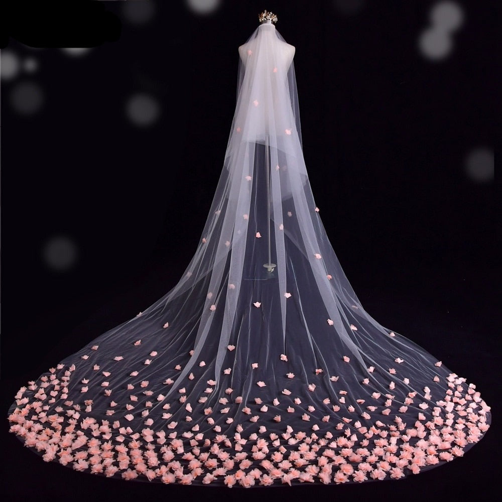 Wedding Veil Cathedral Length 3D Pink Flower Bridal Accessory, This cathedral bridal veil features delicate pink flowers on a cascading train