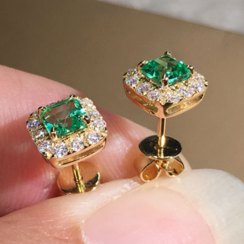 Green Cubic Zirconia Stud Earrings Wedding Bridal Jewelry Accessory, This classic style of geometric green cubic zirconia and gold stud earrings