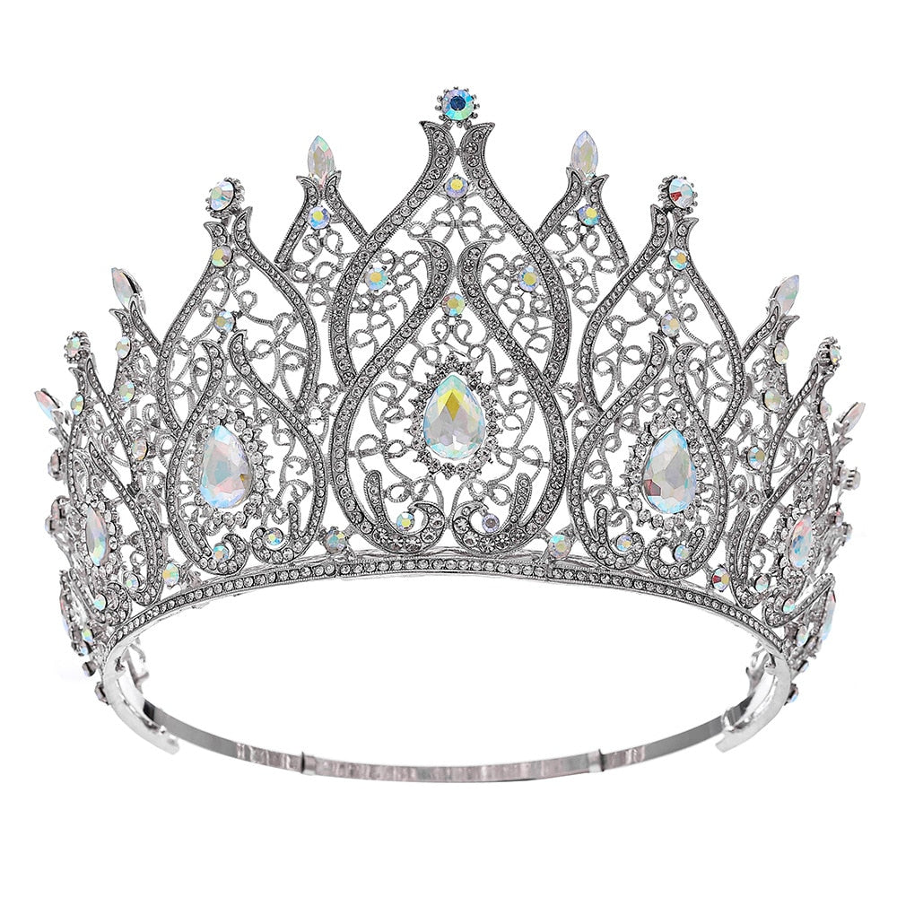 Crystal Tall Pageant Tiara Crown Cubic Zircon Stage Hair Accessory, This tall round tiara crown showcases a large water drop patterned crystal with two rows of points