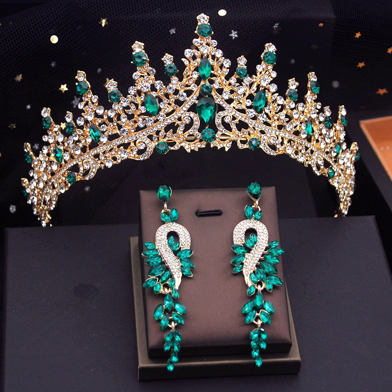 Crystal Tiara Jewelry Set Matching Tiara Crown & Earrings Accessories, Glorify your special day with our Luxury Gold Color Tiara Crown