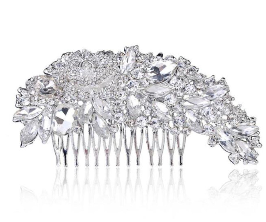 Bridal Hair Comb Leaf Shape Crystal Comb Wedding Day Accessory, This stunning hair accessory, with a leaf pattern in silver, features a large crystal water drop - perfect for adding a touch of elegance to your bridal look on your special day