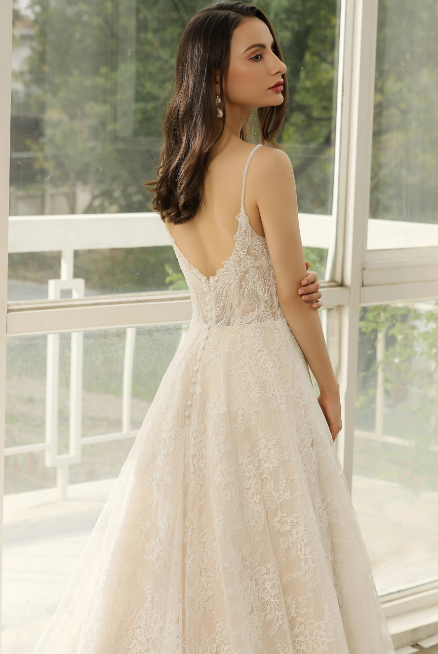Wedding Dress Beaded Lace A-line With Spaghetti Straps Gown