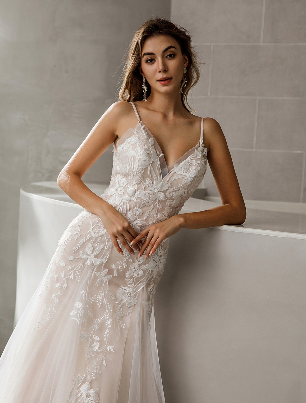 Wedding Dress Lace A Line Swiss Tulle Bridal Gown, The dreamy A-line bridal gown features sheer V-neckline and beaded straps.