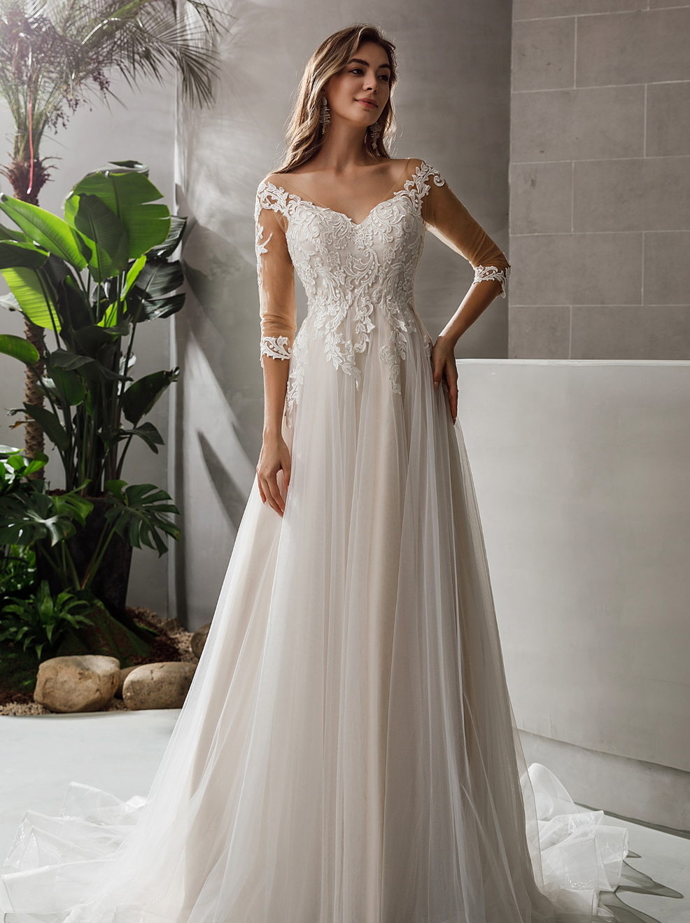 Wedding Dress Satin Lace A-line Bridal Gown With Swiss Tulle, This gorgeous tulle A-line dress with sheer 3/4 length sleeves and delicate lace appliqu