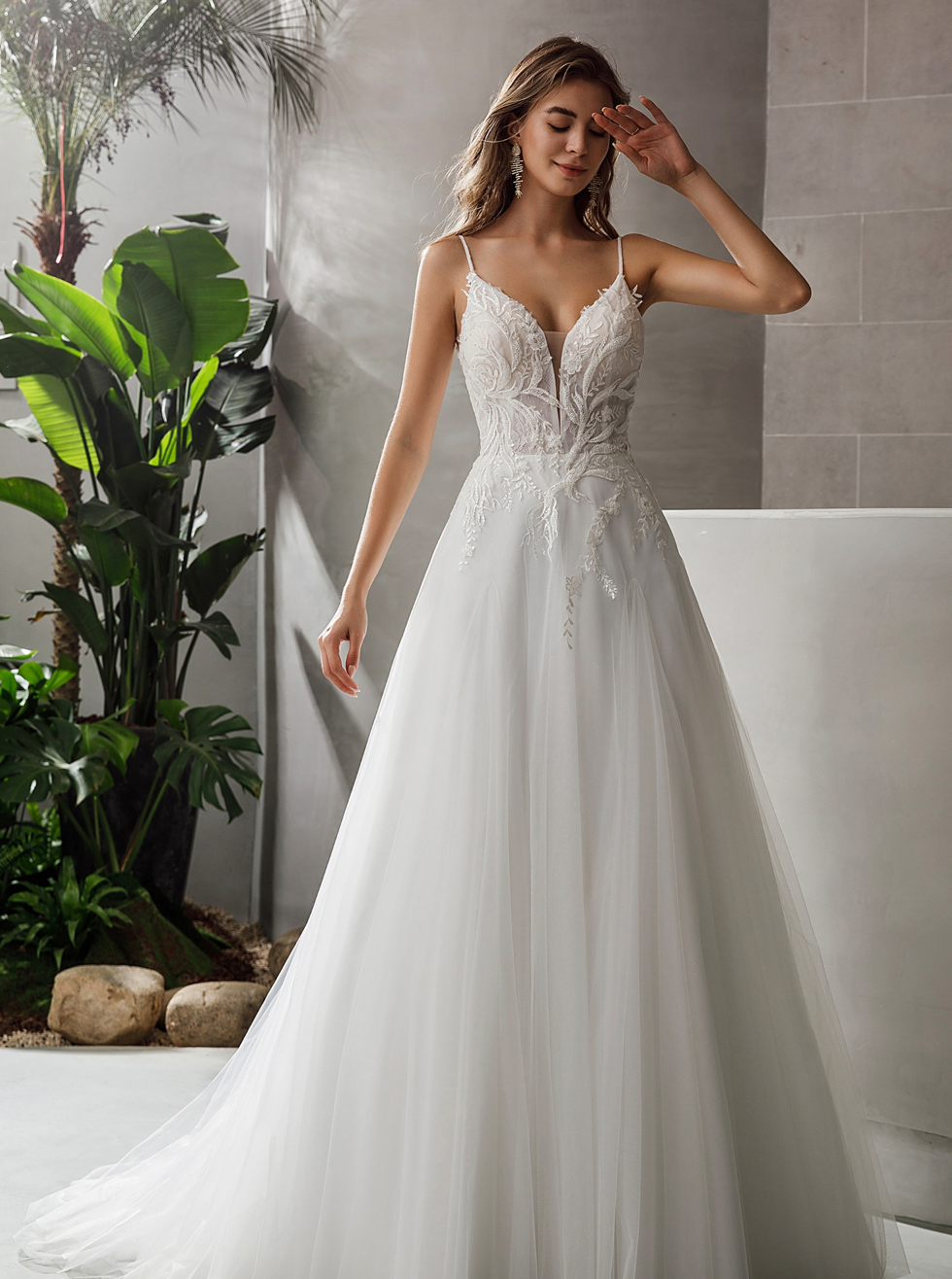 Wedding Dress Satin Tulle Beaded Bridal Gown With Train, With delicate lace details covered in sparkling beading, beautifully framing the plunging V-neckline.