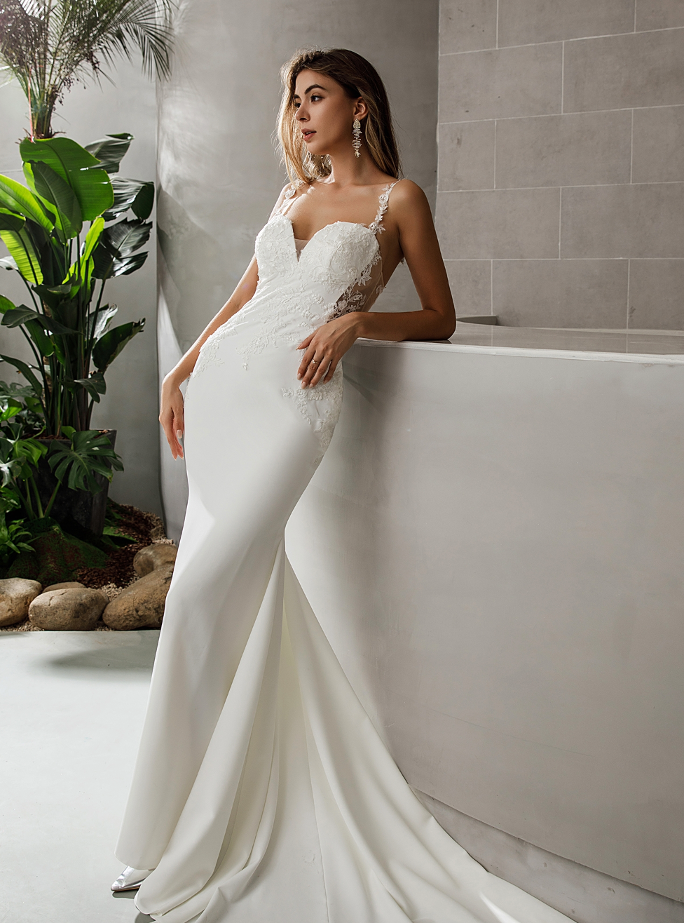 Wedding Dress Crepe Satin Illusion Lace With Train, Modern and chic crepe satin, this wedding dress features a romantic sweetheart bodice