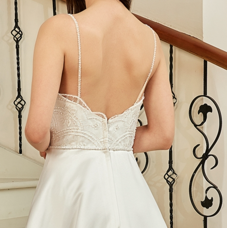 Wedding Dress Beaded Deep V-Neckline Satin A-Line Pocket