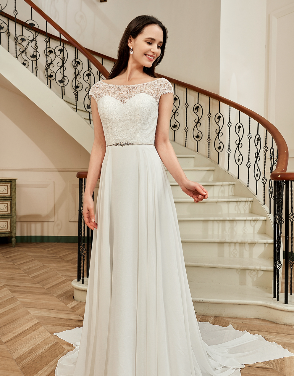Wedding Dress Chiffon A Line With Detachable Train Gown