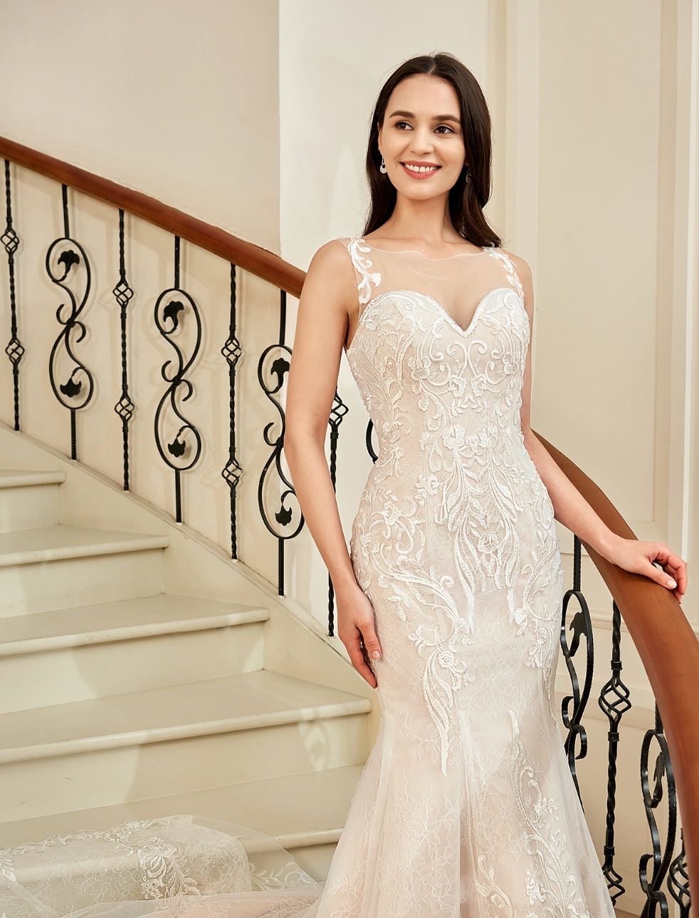 Wedding Dress Blush Illusion Neckline Lace Mermaid Gown