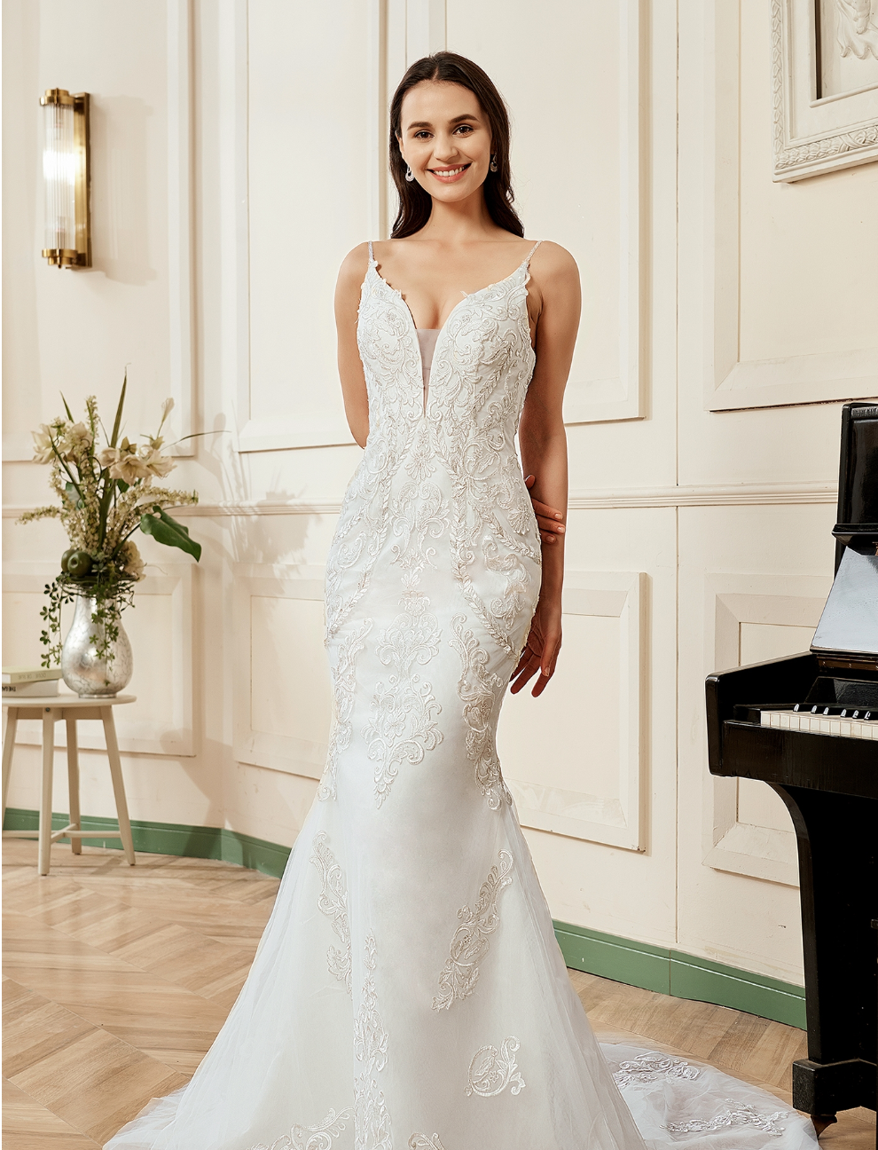 Wedding Dress Plunging V-Neck Embroidered Lace Court Train