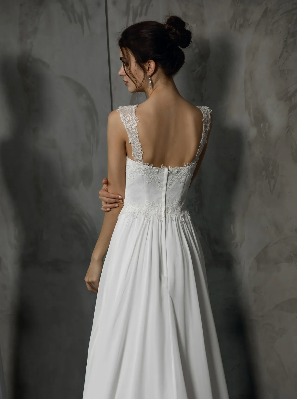 Chiffon Tulle Wedding Dress A Line Lace Bridal Gown, this wedding dress features stunning V neckline with an A-line silhouette 