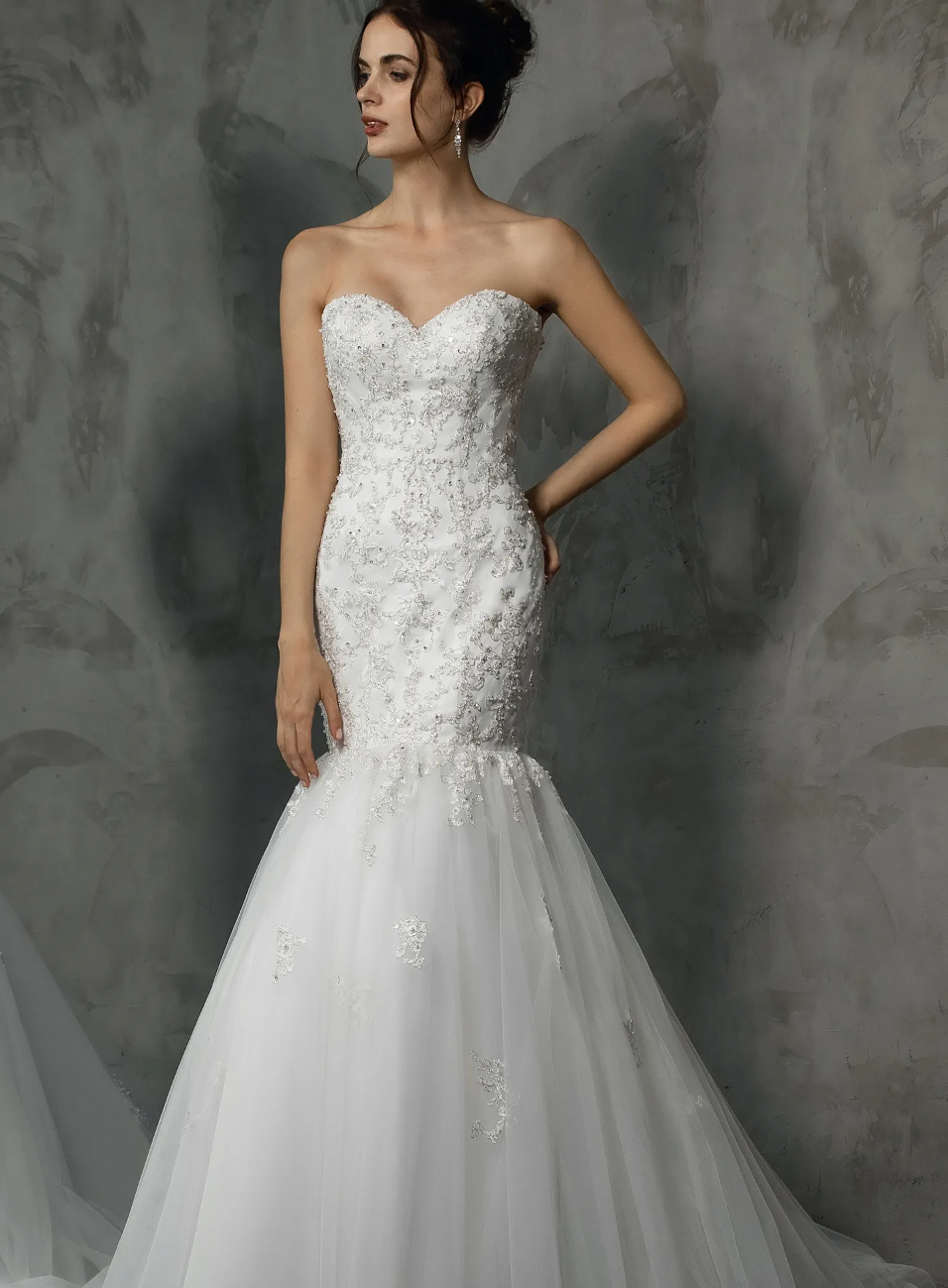 Mermaid Wedding Dress Satin Tulle Beaded Bridal Gown With Train, this wedding gown features a strapless romantic neckline 