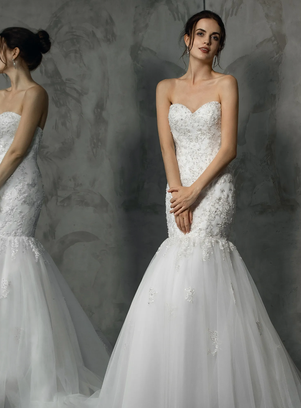 Mermaid Wedding Dress Satin Tulle Beaded Bridal Gown With Train, this wedding gown features a strapless romantic neckline 