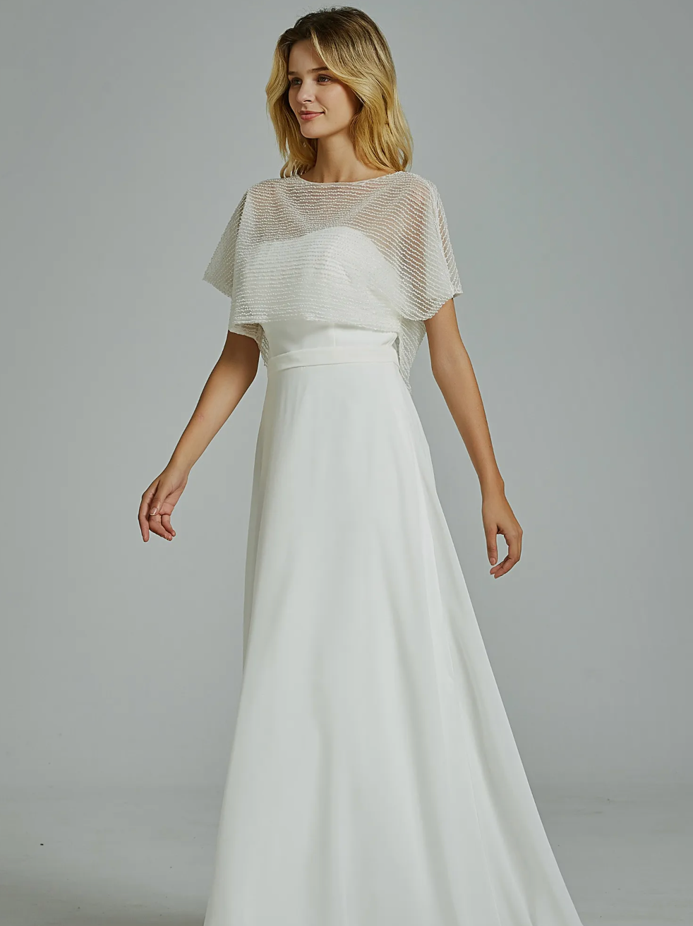 Chiffon Wedding Dress Chiffon Beaded A Line Bridal Gown Chapel Train, simple yet chic, this floaty and romantic wedding gown features a strapless and beaded jacket 