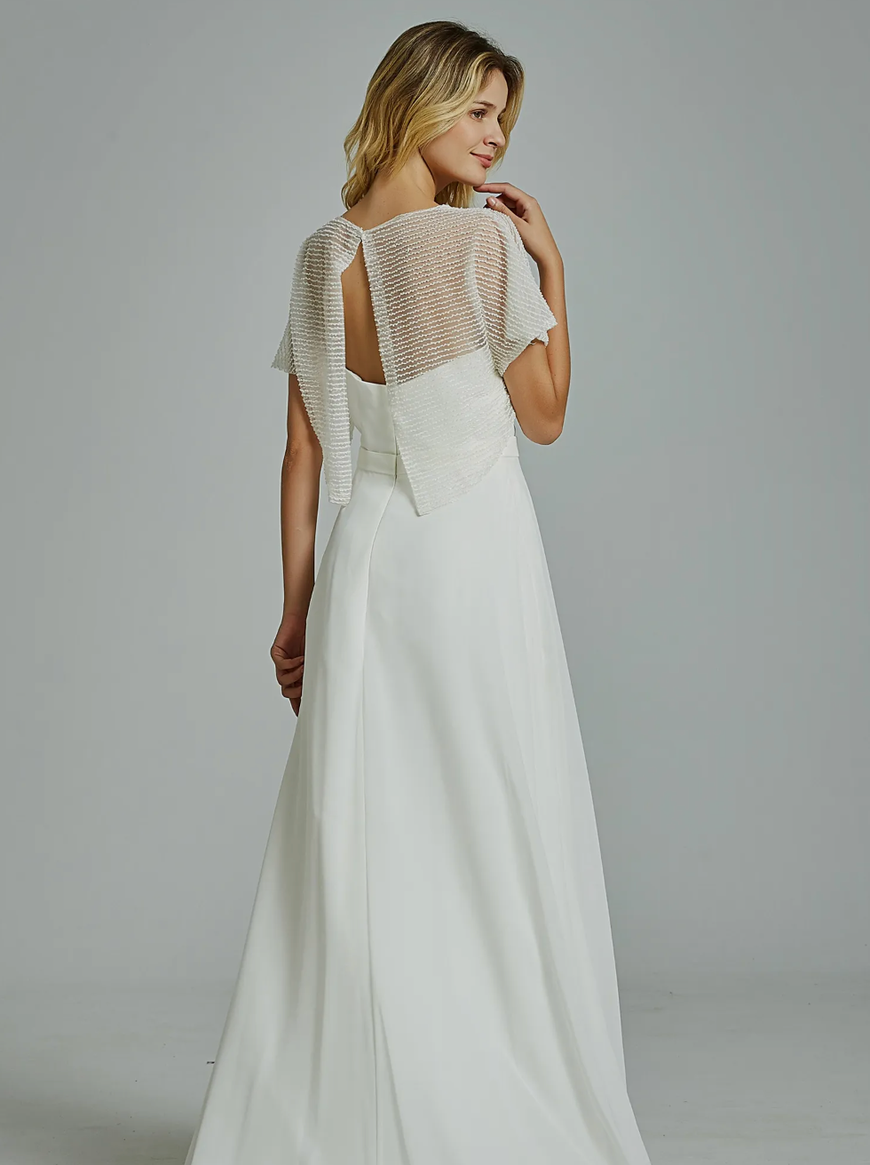 Chiffon Wedding Dress Chiffon Beaded A Line Bridal Gown Chapel Train, simple yet chic, this floaty and romantic wedding gown features a strapless and beaded jacket 