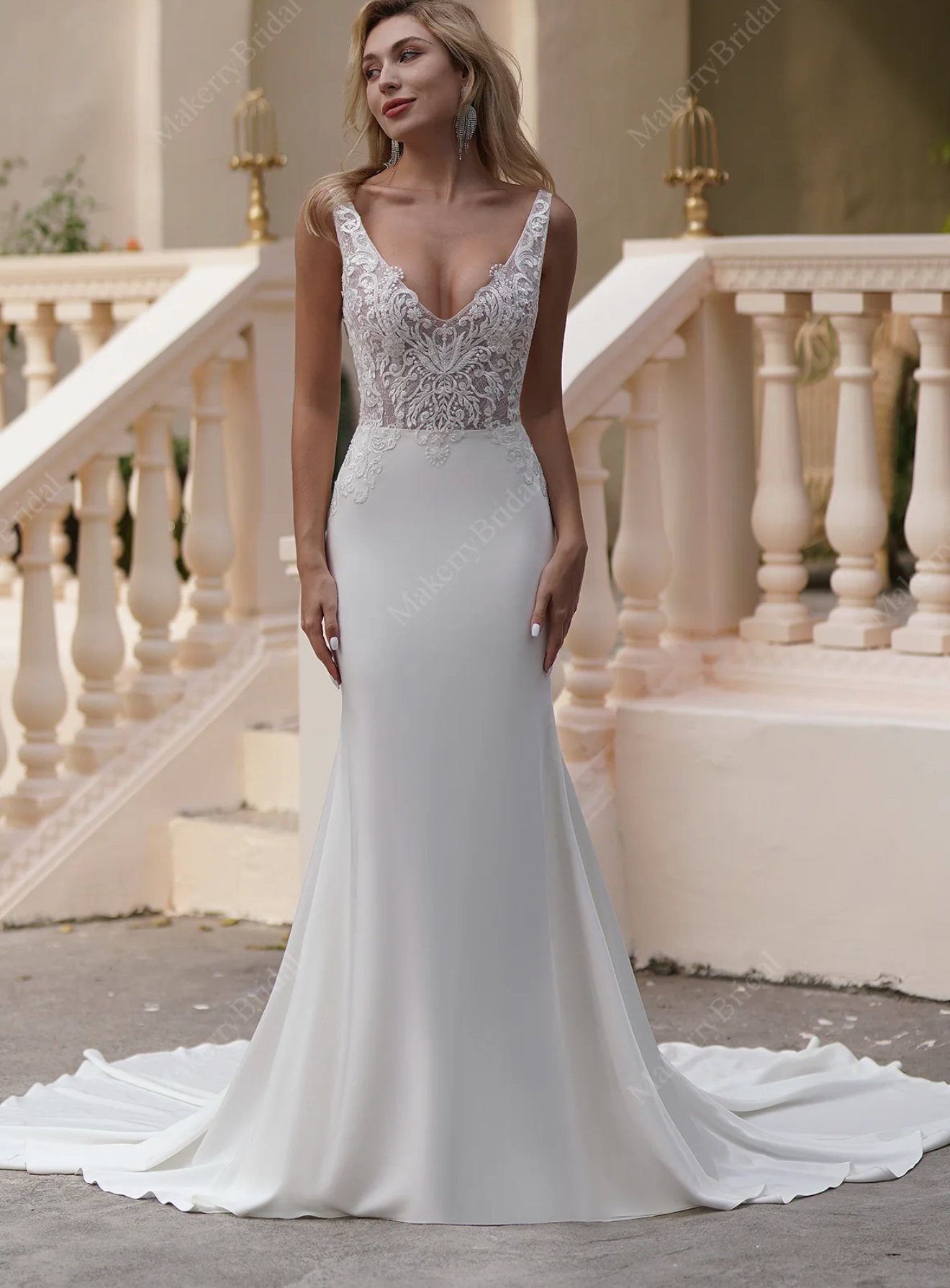 Wedding Dress Beaded Lace Satin Mermaid Bridal Gown With Train, One-of-a-kind wedding dress to flaunt your best bridal look. The illusion sheer strap V neck 