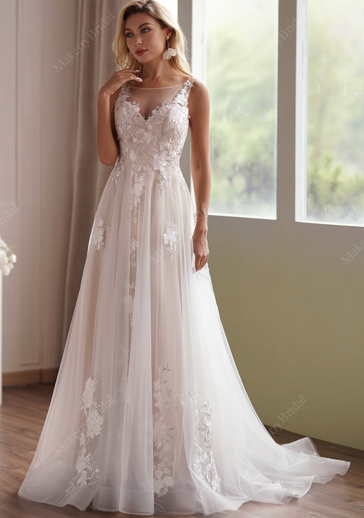 Wedding Dress Romantic Beaded Lace Illusion Back Bridal Gown