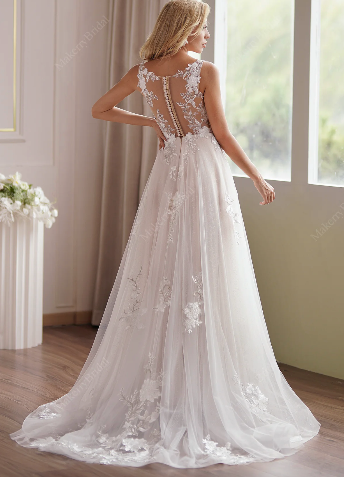 Wedding Dress Romantic Beaded Lace Illusion Back Bridal Gown