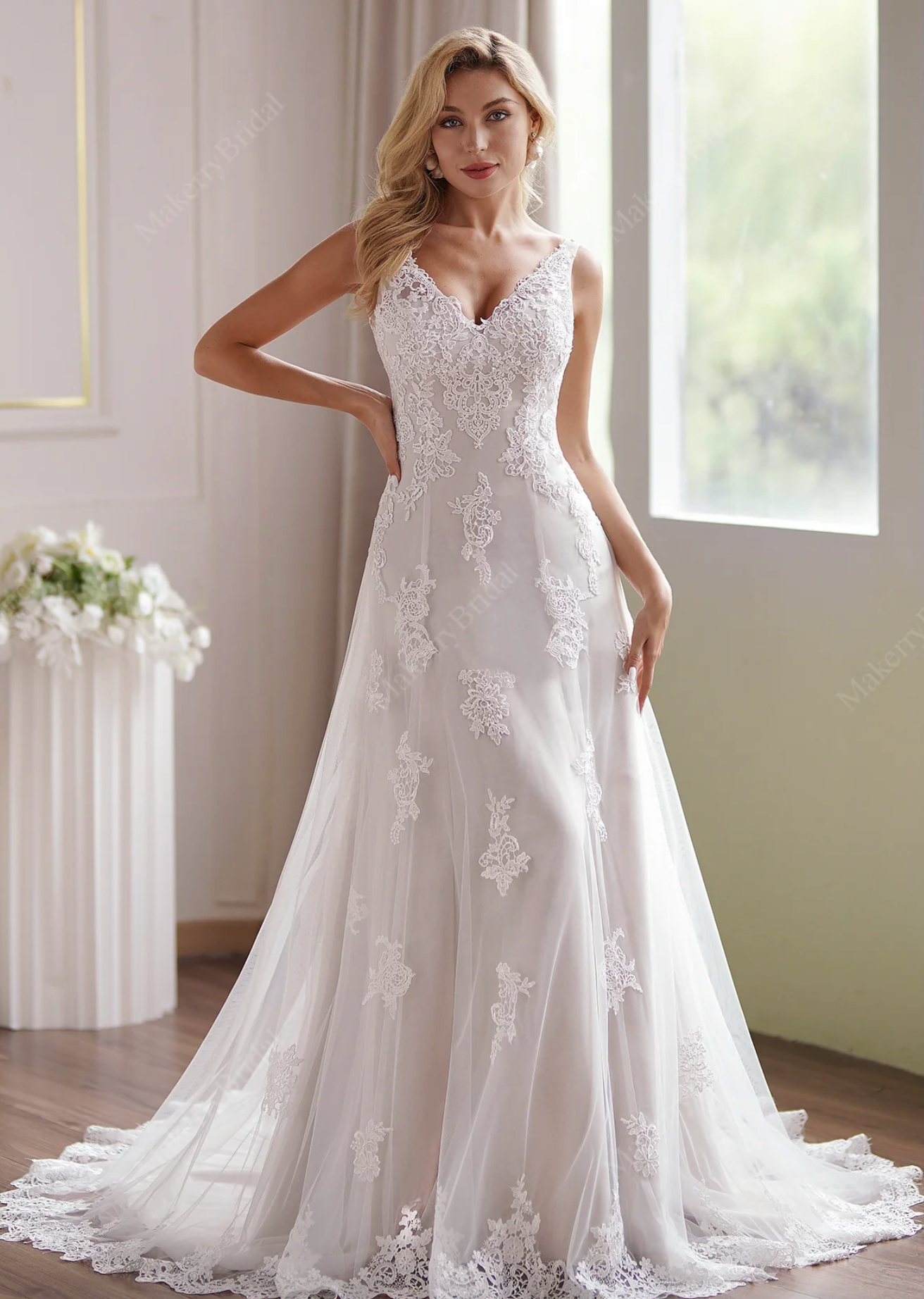 Wedding Dress Tulle Lace Satin A Line Bridal Gown With Train, A romantic fit and flare bridal gown, featuring subtle lace top with illusion straps, demure V-neck and sexy open back 