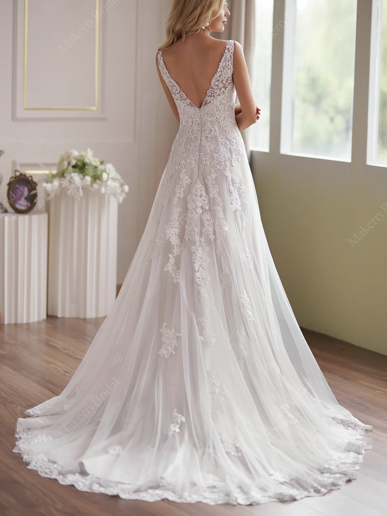 Wedding Dress Tulle Lace Satin A Line Bridal Gown With Train, A romantic fit and flare bridal gown, featuring subtle lace top with illusion straps, demure V-neck and sexy open back 