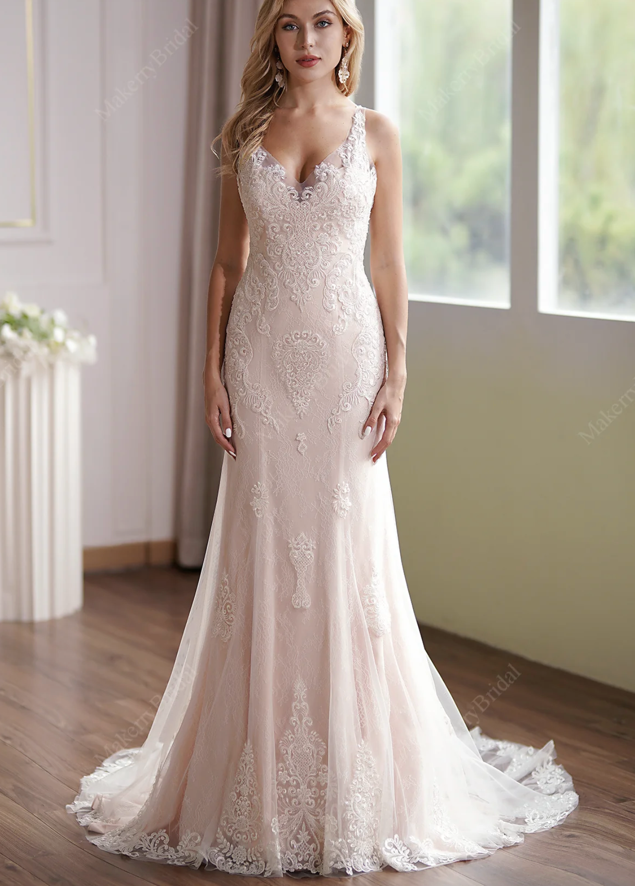Wedding Dress Blush Beaded Lace Tulle Mermaid Bridal Gown, Floral beaded lace appliques cover along sleeveless V-neck bodice to fitted and flare 