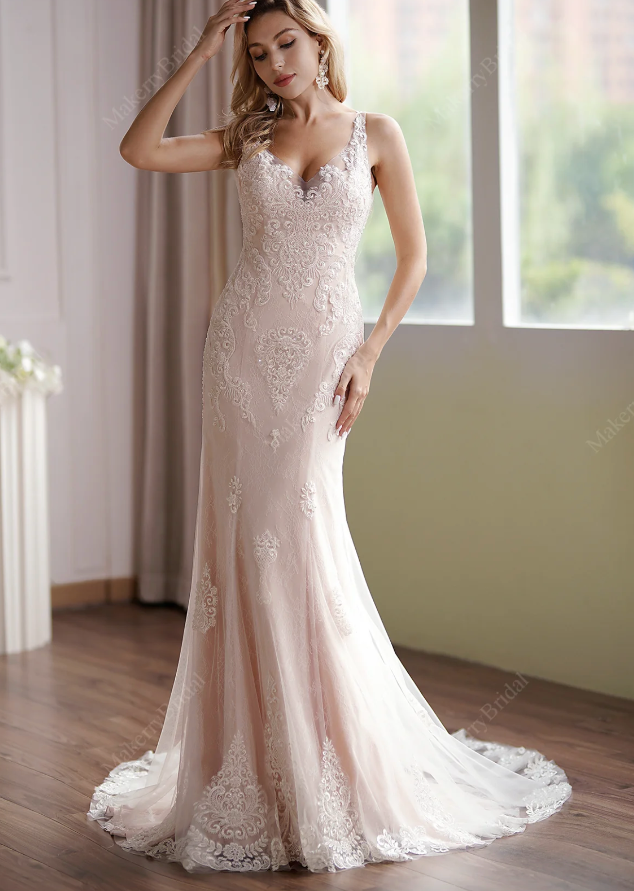 Wedding Dress Blush Beaded Lace Tulle Mermaid Bridal Gown, Floral beaded lace appliques cover along sleeveless V-neck bodice to fitted and flare 