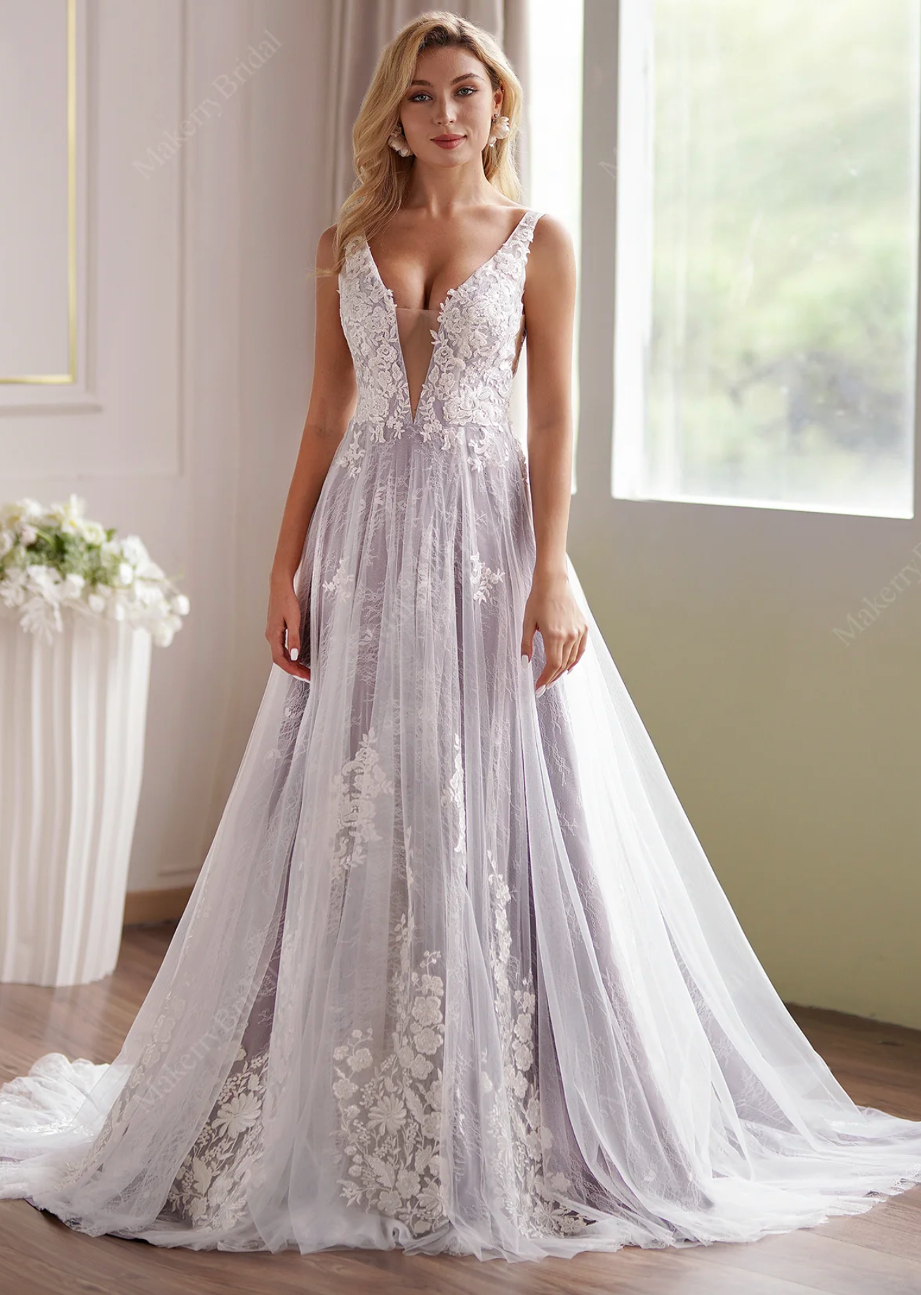 Wedding Dress Lavender Plunge Neckline Beaded Lace Bridal Gown, Featuring exquisite floral lace on plunging V-neck bodice with hand-placed beads,