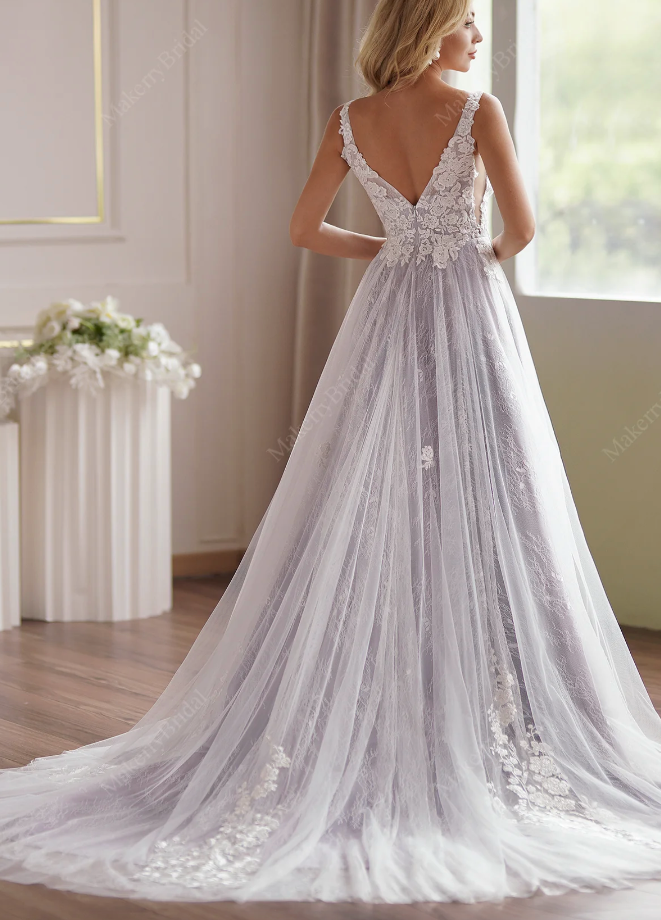Wedding Dress Lavender Plunge Neckline Beaded Lace Bridal Gown, Featuring exquisite floral lace on plunging V-neck bodice with hand-placed beads,