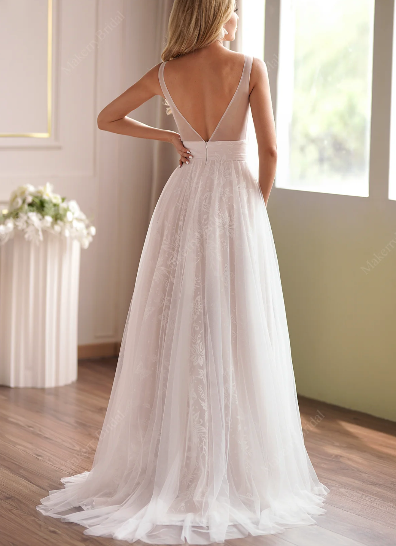 Wedding Dress Tulle Lace A Line Sweep Train Bridal Gown, Delicate glitter lace under soft ivory tulle, trickling from illusion V neckline top to A-line skirt 