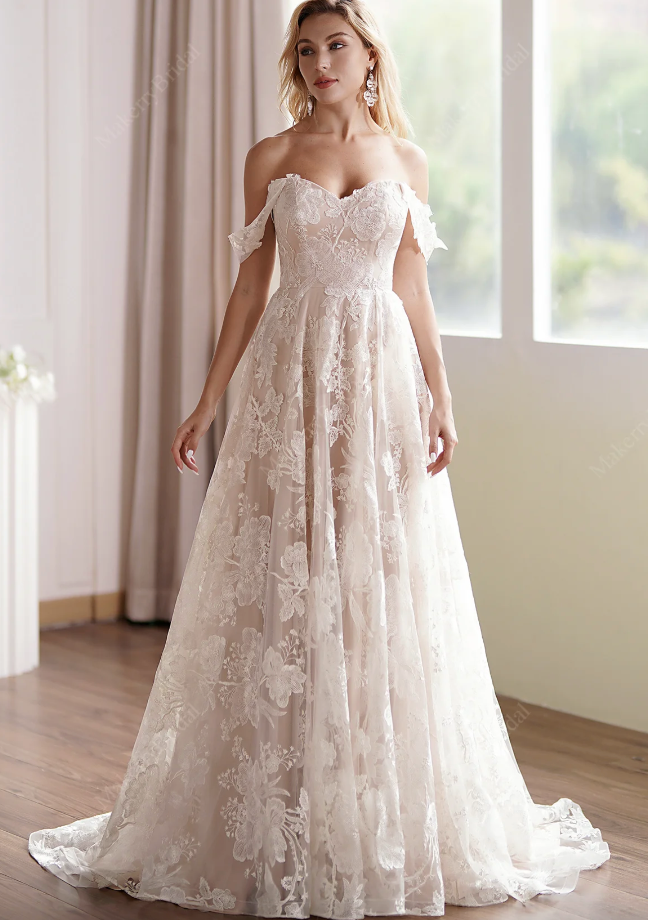 Wedding Dress Floral Tulle Lace A Line Bridal Gown With Train, A soft sweetheart neckline frames her face as detachable lace sleeves drip delicately off- the-shoulder 