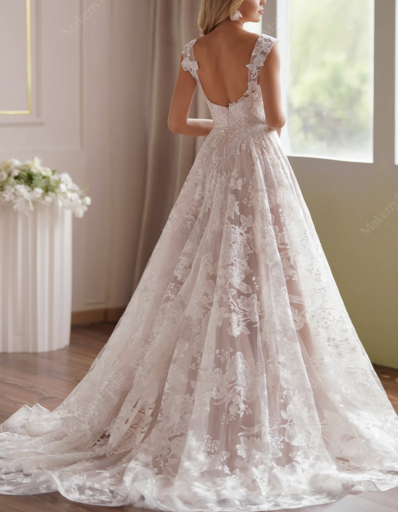 Wedding Dress Floral Tulle Lace A Line Bridal Gown With Train, A soft sweetheart neckline frames her face as detachable lace sleeves drip delicately off- the-shoulder 